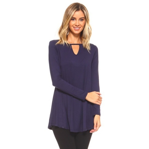 Tops - Women's Pullover Jersey Keyhole Tunic Swing Navy